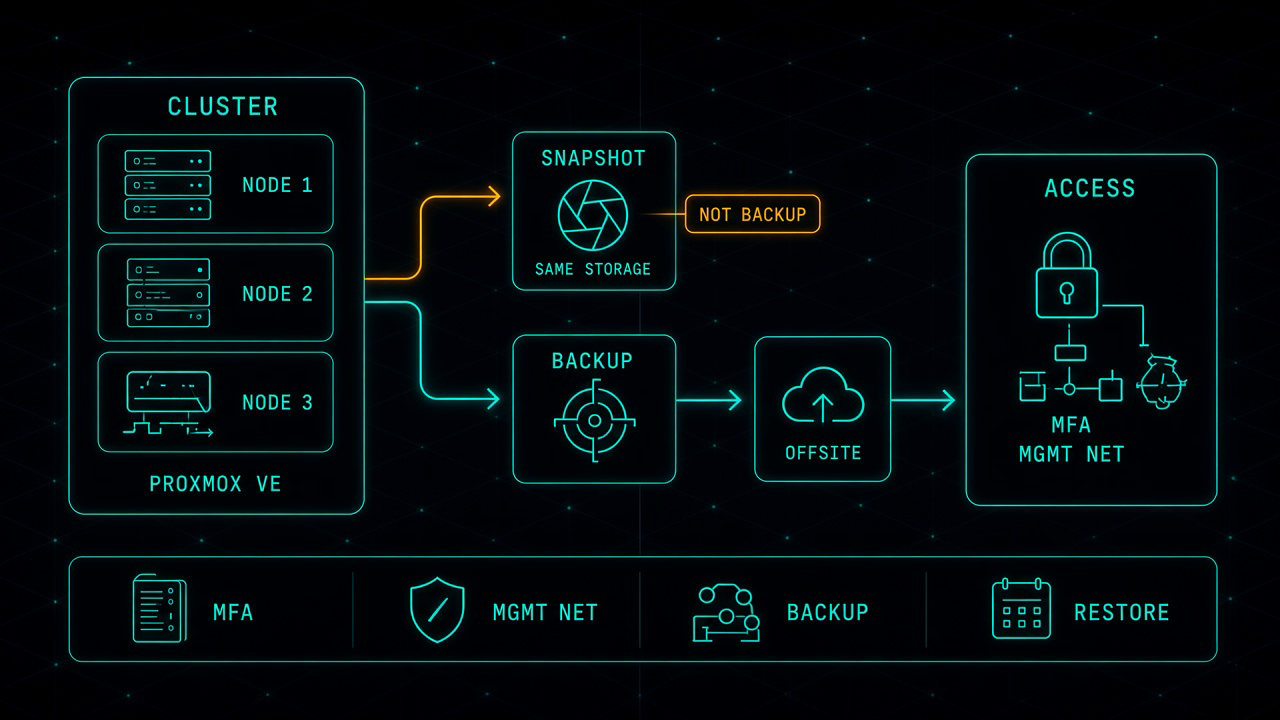 Dark cyan line-art diagram of a Proxmox production cluster. On the left, a cluster card shows three stacked nodes. In the center, two paths leave the cluster: an amber snapshot path that stays on the same storage, marked as not a backup, and a teal backup path that goes to a separate backup target and an offsite copy. On the right, an access card shows a locked management network with MFA. A bottom strip lists four equally weighted controls: MFA, management network, backup, and restore test.